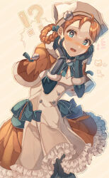 Rule 34 | !?, 1girl, annette fantine dominic, blue eyes, blush, braid, braided hair rings, breasts, cleavage, cloak, cowboy shot, embarrassed, fire emblem, fire emblem: three houses, fire emblem warriors: three hopes, hands on own face, highres, leaning forward, long sleeves, looking at viewer, medium breasts, nintendo, official alternate costume, official alternate hairstyle, open mouth, shimada (smd dms), simple background, solo, standing, twin braids