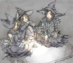 Rule 34 | 3girls, back, back cutout, bare back, black hair, blonde hair, book, bottle, breasts, brown hair, candle, clothing cutout, dark souls (series), dark souls i, dark souls ii, demon&#039;s souls, dress, drink, flower, green eyes, hat, mitsugo (mgo), multiple girls, potion, short hair, sitting, tea, witch, witch beatrice, witch hat, yuria the witch, zullie the witch