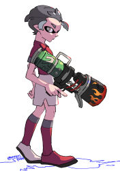 Rule 34 | 1boy, alternate species, closed mouth, commentary request, creatures (company), from side, full body, game freak, grey eyes, grey hair, gun, highres, holding, holding gun, holding weapon, kabu (pokemon), knees, looking to the side, male focus, nintendo, nyoripoke, pokemon, pokemon swsh, red footwear, red shirt, red socks, shirt, shoes, short hair, short sleeves, shorts, side slit, side slit shorts, socks, solo, splatoon (series), standing, twitter username, watermark, weapon, white shorts
