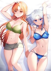 Rule 34 | 2girls, abs, arm up, armpits, bare arms, bare shoulders, bed sheet, blue bra, blue eyes, blue panties, bra, braid, breasts, cleavage, commentary request, feet out of frame, gluteal fold, green bra, grey shorts, hand up, highres, hong meiling, izayoi sakuya, kaede (mmkeyy), large breasts, lips, long hair, lying, medium breasts, multiple girls, navel, no headwear, on back, orange eyes, orange hair, panties, short shorts, shorts, silver hair, single braid, stomach, thighs, touhou, underwear, underwear only, very long hair