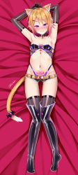 Rule 34 | 1girl, animal ears, armpits, bed sheet, bell, blonde hair, blush, breasts, cat ears, cat girl, cat tail, collar, corruption, dark persona, elbow gloves, female focus, from above, gloves, grin, highleg, highleg panties, highres, hiyori (princess connect!), looking at viewer, lying, micro shorts, navel piercing, neck bell, on back, on bed, panties, parted lips, piercing, princess connect!, pubic tattoo, puririn, purple eyes, pussy juice, see-through, short hair, shorts, skindentation, small breasts, smile, solo, strapless, tail, tail ornament, tattoo, thighhighs, tube top, twitter username, underwear
