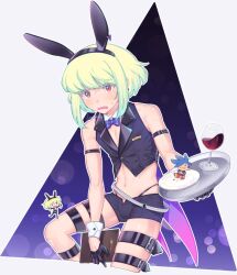 Rule 34 | 1boy, alternate costume, animal ears, arm belt, bare shoulders, belt, blonde hair, blue bow, blue bowtie, bow, bowtie, chibi, cropped vest, cup, detached collar, drinking glass, earrings, fake animal ears, galo thymos, gloves, half gloves, highres, holding, holding menu, holding plate, jewelry, kome 1022, lio fotia, male focus, male playboy bunny, menu, multiple belts, name tag, plate, promare, purple eyes, rabbit ears, red wine, short hair, short shorts, shorts, single earring, solo, sweat, thigh belt, thigh strap, thong, trap, triangle, triangle earrings, v-shaped eyebrows, vest, white belt, wine, wine glass, wrist cuffs