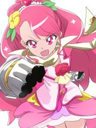 Rule 34 | 1girl, :o, absurdres, angry, clenched hand, commentary, cowboy shot, crossover, cure grace, earrings, flower, gloves, hair bun, hair flower, hair ornament, hanadera nodoka, healin&#039; good precure, heart, heart hair ornament, highres, jewelry, long hair, looking at viewer, magical girl, mashitono desu, open mouth, pink eyes, pink hair, pink skirt, precure, red flower, red rose, rose, scarf, senki zesshou symphogear, simple background, single hair bun, skirt, solo, voice actor connection, white background, yuuki aoi