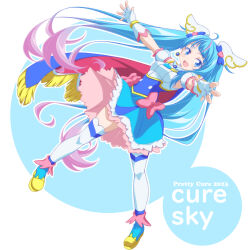 Rule 34 | 1girl, 2023, armband, blue cape, blue dress, blue eyes, blue footwear, blue hair, bow, cape, character name, commentary request, copyright name, cure sky, dress, dutch angle, earrings, fingerless gloves, fringe trim, gloves, gradient hair, highres, hirogaru sky! precure, jewelry, kikuchi tsutomu, long hair, magical girl, multicolored hair, open mouth, outline, pink hair, precure, reaching, reaching towards viewer, red bow, red cape, shoes, short dress, sleeveless, sleeveless dress, smile, solo, sora harewataru, thighhighs, twintails, two-sided cape, two-sided fabric, very long hair, white gloves, white outline, white thighhighs, wind, wing hair ornament