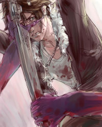 Rule 34 | 1990s (style), 1boy, blood, brown hair, clenched teeth, final fantasy, final fantasy viii, fur trim, jacket, jewelry, looking at viewer, necklace, pov, skyfiss, squall leonhart, sword, tears, teeth, ultimecia, weapon