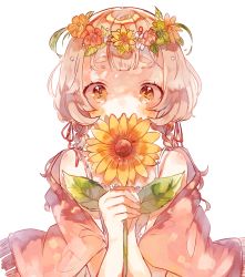 Rule 34 | 1girl, blush, braid, brown eyes, covering own mouth, flower, flower wreath, grey hair, hair ribbon, highres, holding, holding flower, leaf, leaf on head, long hair, looking at viewer, mawoko, off shoulder, original, ribbon, shawl, simple background, solo, thick eyebrows, twin braids, twintails, upper body, white background