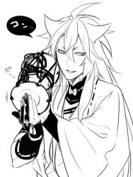 Rule 34 | 10s, 1boy, fangs, gloves, greyscale, japanese clothes, kogitsunemaru, long hair, looking at viewer, male focus, monochrome, open mouth, partially fingerless gloves, solo, touken ranbu, white background, zuwai kani
