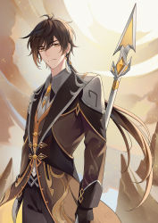 Rule 34 | 1boy, absurdres, black gloves, black hair, brown hair, closed mouth, cloud, cloudy sky, earrings, formal, genshin impact, gloves, hair between eyes, highres, holding, holding weapon, jacket, jewelry, long hair, long sleeves, looking at viewer, male focus, multicolored hair, polearm, ponytail, rock, single earring, sky, sleepy1292673668, solo, spear, suit, weapon, yellow eyes, zhongli (genshin impact)