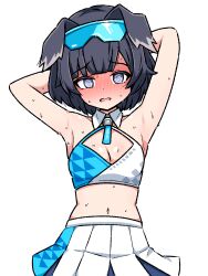 Rule 34 | 1girl, @ @, alternate breast size, alternate hair length, alternate hairstyle, armpits, arms behind head, black hair, blue archive, breasts, cleavage cutout, clothing cutout, commentary, crop top, detached collar, english commentary, grey eyes, hibiki (blue archive), hibiki (cheer squad) (blue archive), highres, ink (inksgirls), midriff, miniskirt, navel, nervous sweating, pleated skirt, skirt, small breasts, solo, sweat, upper body