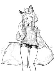 Rule 34 | 1girl, :d, ahoge, animal ear fluff, animal ears, bare shoulders, bike shorts, feet out of frame, fox ears, fox girl (jaco), fox tail, greyscale, hand up, jaco, large tail, long sleeves, looking at viewer, monochrome, off-shoulder sweater, off shoulder, open mouth, original, short eyebrows, simple background, sketch, smile, solo, standing, sweater, tail, thick eyebrows, white background, wide sleeves