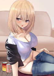 Rule 34 | 1girl, arm support, black jacket, blonde hair, blush, breasts, brown eyes, can, cleavage, commentary request, couch, denim, grey shirt, jacket, jeans, kesoshirou, large breasts, leaning to the side, long sleeves, looking at viewer, off shoulder, open clothes, open fly, open jacket, open mouth, open pants, original, panties, pants, panty pull, pink panties, shirt, short hair, sitting, solo, underwear, undressing, v-shaped eyebrows
