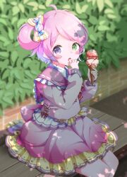 Rule 34 | :o, ahoge, back bow, blush stickers, bow, candy hair ornament, food, food-themed hair ornament, frilled shirt collar, frilled skirt, frills, gradient hair, green eyes, hair bow, hair ornament, heterochromia, highres, himemori luna, holding, holding food, holding ice cream, hololive, ice cream, layered skirt, long sleeves, mameiriko, multicolored hair, on bench, open mouth, pink hair, pink serafuku, purple eyes, red bow, sailor, school uniform, serafuku, short hair, sitting, skirt, striped bow, virtual youtuber, yellow skirt