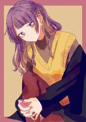 Rule 34 | 1girl, black jacket, blunt bangs, fingernails, grey sweater, head tilt, highres, holding own leg, idolmaster, idolmaster shiny colors, interlocked fingers, jacket, looking at viewer, multicolored nails, nail polish, own hands together, paddy field, purple eyes, purple hair, simple background, solo, sweater, tanaka mamimi, two-tone background, vest, yellow vest