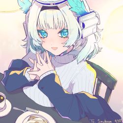 Rule 34 | 1girl, absurdres, angel, blue eyes, bread slice, breasts, chair, coffee, coffee cup, commentary, commission, cup, disposable cup, english commentary, feathers, food, gradient wings, hair intakes, hairband, halo, headset, highres, interlocked fingers, kamishiro rita, mechanical halo, mochi (buchumi10), multicolored wings, off shoulder, prism project, saucer, second-party source, skeb commission, solo, sweater, toast, turtleneck, turtleneck sweater, virtual youtuber, white hair, wings