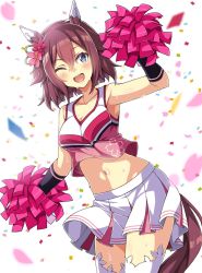Rule 34 | 1girl, alternate costume, animal ears, blue eyes, breasts, cheerleader, cleavage, collarbone, commentary request, ear covers, flower, hair flower, hair ornament, highres, horse ears, horse girl, horse tail, macaroni hourensou, medium breasts, navel, one eye closed, open mouth, pom pom (cheerleading), red hair, sakura chiyono o (umamusume), short hair, simple background, solo, sweat, tail, thighhighs, umamusume, white background