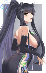Rule 34 | 1girl, animal ears, ass, bare shoulders, black dress, black hair, blue archive, blush, breasts, bridal gauntlets, dress, from side, gaitoou, green eyes, hair ornament, highres, large breasts, long hair, looking at viewer, looking to the side, parted lips, ponytail, shun (blue archive), side slit, sleeveless, smile, solo
