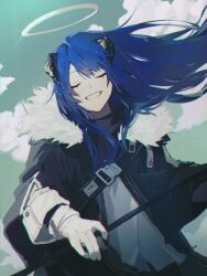 1girl arknights black_jacket blue_hair closed_eyes cloud comugikun facing_viewer fur-trimmed_jacket fur_trim gloves grey_shirt grin halo highres horns jacket long_hair long_sleeves mostima_(arknights) shirt smile solo upper_body white_gloves