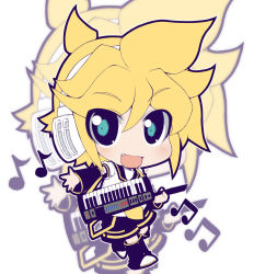 Rule 34 | 1boy, blonde hair, blue eyes, chibi, crazy developers, fang, instrument, kagamine len, keyboard, keyboard (instrument), male focus, musical note, necktie, short hair, shorts, smile, solo, vocaloid