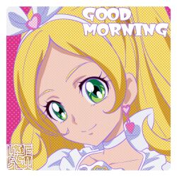Rule 34 | 1girl, choker, commentary, cure rhythm, earrings, good morning, green eyes, headband, heart, heart earrings, high ponytail, jewelry, kamikita futago, long hair, looking at viewer, magical girl, minamino kanade, official art, precure, smile, solo, suite precure, white choker, white headband