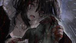 Rule 34 | 1girl, black dress, blood, blood on clothes, blood on face, blood on hands, brown hair, crying, crying with eyes open, dress, fate/grand order, fate (series), giant, giant male, highres, holding hands, husband and wife, official art, rain, tears, toi8, xiang yu (fate), yu mei-ren (fate)