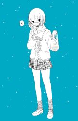 Rule 34 | 1girl, bag, blazer, blue background, blush, cardigan, closed mouth, dot mouth, dot nose, full body, greyscale with colored background, hands up, highres, holding, holding bag, jacket, loafers, long sleeves, looking to the side, medium hair, miniskirt, noroi (rnatataki), nose blush, original, plaid, plaid skirt, scarf, scarf pull, school uniform, shoes, simple background, skirt, socks, solo, standing