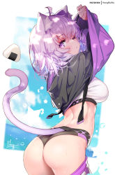 Rule 34 | 1girl, animal ear fluff, animal ears, ass, back, bikini, black bikini, black hoodie, breasts, cat ears, cat girl, cat tail, clothes lift, clothing cutout, commentary request, cowboy shot, food, from behind, hair between eyes, hololive, hong (white spider), hood, hoodie, hoodie lift, lifted by self, looking at viewer, looking back, medium breasts, medium hair, nekomata okayu, nekomata okayu (1st costume), one eye closed, onigiri, purple eyes, purple hair, solo, standing, swimsuit, tail, tail raised, tail through clothes, virtual youtuber, wet