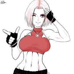 Rule 34 | 1girl, blue mary, breasts, fingerless gloves, gloves, looking at viewer, midriff, navel, one eye closed, smile, snk, the king of fighters