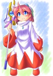 Rule 34 | 1girl, ahoge, blue eyes, blush, closed mouth, final fantasy, final fantasy fables, fun bo, holding, looking at viewer, pink hair, robe, shirma, short hair, smile, solo, staff, white mage (final fantasy)