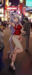 Rule 34 | 1girl, absurdres, animal ears, casual, city, city lights, crowd, denim, gold ship (umamusume), hair tie, high heels, highres, horse ears, horse girl, horse tail, jeans, long hair, long legs, looking at viewer, outdoors, pants, red sweater, road, sandals, shinjuku (tokyo), sleeveless, solo, sweater, tail, tokyo (city), umamusume, yato (yama0x1)