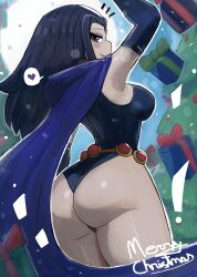 Rule 34 | !, 1girl, absurdres, ass, belt, black gloves, black hair, black leotard, blush, box, breasts, cape, cartoon network, christmas, christmas tree, colored skin, dc comics, forehead jewel, from behind, full moon, gift, gift box, gloves, gold belt, grey skin, heart, highres, large breasts, leotard, long hair, looking at viewer, looking back, merry christmas, moon, purple cape, purple eyes, raven (dc), sky, smile, speech bubble, spoken heart, standing, superhero costume, teen titans, tony welt, tree