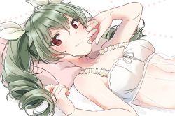 Rule 34 | 10s, 1girl, anchovy (girls und panzer), arm up, breasts, casual, cleavage, closed mouth, dress, drill hair, girls und panzer, green hair, hair ribbon, hand on own face, long hair, looking at viewer, lying, medium breasts, on back, pillow, red eyes, ribbon, see-through, smile, solo, tam a mat, twin drills, twintails, upper body, white dress, white ribbon