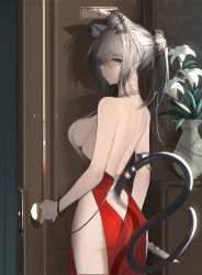 Rule 34 | 1girl, absurdres, alternate costume, animal ear fluff, animal ears, arknights, ass, backless dress, backless outfit, bare arms, bare shoulders, cat ears, cat tail, commentary, cowboy shot, da (datako), door, dress, earrings, english commentary, grey eyes, grey hair, hair between eyes, highres, indoors, jewelry, long hair, looking at viewer, red dress, schwarz (arknights), sleeveless, sleeveless dress, solo, standing, tail, vase