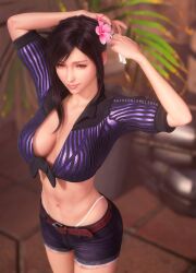 Rule 34 | 1girl, 3d, arms up, belt, black hair, blurry, blurry background, breasts, brown belt, closed mouth, crop top, denim, denim shorts, final fantasy, final fantasy vii, final fantasy vii rebirth, final fantasy vii remake, flower, from above, hair flower, hair ornament, hibiscus, highres, large breasts, lips, pink flower, red eyes, short shorts, shorts, solo, sreliata, tifa lockhart, tifa lockhart (majestic glamour), tying hair, whale tail (clothing)
