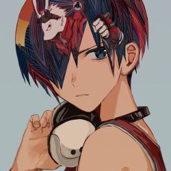 Rule 34 | 1boy, bare shoulders, black eyes, black hair, from side, gloves, goggles, goggles on head, hair over one eye, headphones, highres, ikezawa kazuma, king kazma, looking at viewer, male focus, rabbit boy, red gloves, red vest, short hair, simple background, sleeveless, solo, summer wars, upper body, vest, white background, white headphones, yadu nadu