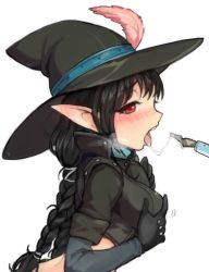 Rule 34 | 1girl, black gloves, black hair, blush, braid, cropped jacket, elf, feathers, nib pen (object), gloves, hat, hat feather, jorin, long hair, mabinogi, pen, pointy ears, red eyes, saliva, saliva trail, grabbing own breast, sexually suggestive, solo, tongue, tongue out, twin braids, white background, yvona