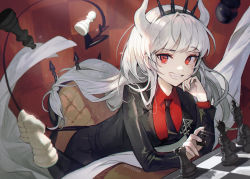 Rule 34 | 1girl, board game, chess, chess piece, chessboard, demon girl, demon horns, demon tail, duplicate, formal, helltaker, highres, horns, long hair, looking at viewer, lucifer (helltaker), mole, necktie, pixel-perfect duplicate, red eyes, smile, solo, soyoong jun, suit, tail, white hair