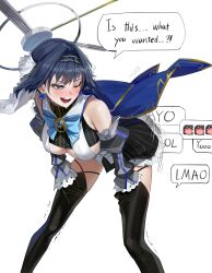 Rule 34 | 1girl, absurdres, ass shake, asymmetrical clothes, bare shoulders, black gloves, black thighhighs, blue cape, blue eyes, blue hair, blue ribbon, bow, bow earrings, breasts, cape, chain, chain headband, cleavage cutout, clothing cutout, commentary, detached sleeves, earrings, english commentary, english text, gloves, hair intakes, halo, headband, heart-shaped gem, highres, hololive, hololive english, jewelry, large breasts, maenoo, mechanical halo, miniskirt, one eye closed, open mouth, ouro kronii, ouro kronii (1st costume), ribbon, ribbon earrings, shirt, short hair, simple background, skirt, sleeveless, sleeveless shirt, solo, speech bubble, sweat, thighhighs, trembling, twerking, underboob, underboob cutout, veil, virtual youtuber, white background