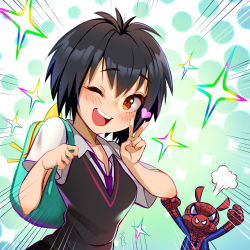 Rule 34 | 1girl, ;d, alcoholrang, angry, backpack, bag, black hair, black sweater vest, blush, brown eyes, collared shirt, dress shirt, looking at viewer, marvel, one eye closed, open mouth, peni parker, shirt, short hair, short sleeves, smile, sparkle, spider-ham, spider-man: into the spider-verse, spider-man (series), spider-verse, sweater vest, v, v-neck, white shirt