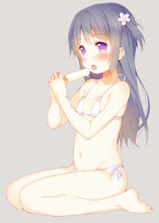 Rule 34 | 1girl, bare shoulders, barefoot, bikini, black hair, blush, dessert, feet, flat chest, flower, food, full body, hair flower, hair ornament, legs, long hair, looking at viewer, meito (maze), navel, open mouth, original, popsicle, purple eyes, seiza, sexually suggestive, short twintails, side-tie bikini bottom, sitting, solo, swimsuit, tongue, twintails, white bikini