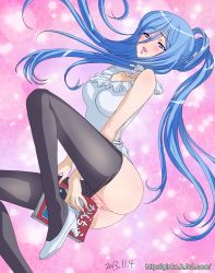 Rule 34 | 10s, 1girl, aoki hagane no arpeggio, apron, bad id, bad pixiv id, bare shoulders, black pantyhose, blue eyes, blue hair, blush, book, breasts, clothes pull, female masturbation, ginko (silver fox), large breasts, long hair, looking at viewer, masturbation, matching hair/eyes, mole, mole under mouth, open mouth, pantyhose, pantyhose pull, personification, ponytail, pussy juice, smile, solo, takao (aoki hagane no arpeggio)