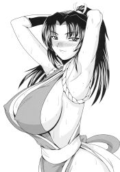 Rule 34 | 1girl, armpits, arms behind head, blush, breasts, cleavage, covered erect nipples, fatal fury, highres, huge breasts, long hair, looking at viewer, monochrome, ponytail, seductive smile, shiranui mai, sideboob, smile, snk, solo, sweat, the king of fighters