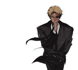 Rule 34 | 1boy, black necktie, black suit, blonde hair, blue shirt, blush, brown eyes, clenched hand, collared shirt, covering own mouth, cowboy shot, eyepatch, formal, hand over own mouth, highres, inoji 73, jujutsu kaisen, long sleeves, looking at viewer, male focus, nanami kento, necktie, shirt, simple background, solo, standing, suit, white background