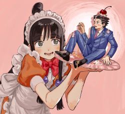 Rule 34 | 1boy, 1girl, ace attorney, alternate costume, apron, black hair, blue jacket, blue pants, bow, bowtie, cherry, commentary, dress, food, frilled apron, frills, fruit, green eyes, hair bobbles, hair ornament, half updo, highres, holding, holding tray, jacket, long hair, long sleeves, maya fey, necktie, one eye closed, open mouth, orange dress, pants, phoenix wright, pink necktie, puffy short sleeves, puffy sleeves, red bow, red bowtie, renshu usodayo, short sleeves, simple background, sitting, spiked hair, sweat, symbol-only commentary, tray, whipped cream, white apron