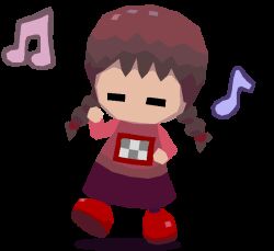 Rule 34 | 1girl, animated, animated gif, braid, brown hair, chibi, chibi only, closed eyes, colinarmis, dancing, long hair, long sleeves, looping animation, madotsuki, musical note, no mouth, pink shirt, print shirt, purple skirt, red footwear, shirt, shoes, skirt, solo, transparent background, twin braids, twintails, yume nikki