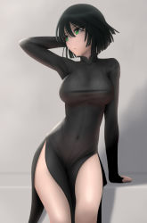 Rule 34 | 1girl, :/, arm behind head, arm support, bare legs, black dress, black hair, bob cut, breasts, covered navel, dress, eyelashes, female focus, fubuki (one-punch man), green eyes, grey background, high collar, highres, large breasts, looking away, looking to the side, one-punch man, pelvic curtain, see-through, shadow, short hair, siraha, sitting, solo, taut clothes, taut dress, thighs, tsurime, wide hips