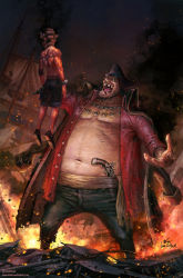 Rule 34 | 2boys, antique firearm, artist name, back, back tattoo, bandana, bare pectorals, beard, buttons, chest hair, coat, coat on shoulders, collarbone, collared shirt, crazy eyes, crazy smile, darkness, defeat, denim, evil smile, facial hair, fat, fat man, fire, firearm, grabbing, gun, hanging, hat, head grab, height difference, highres, in-hyuk lee, jeans, jewelry, legs apart, long nose, long sleeves, looking at another, male focus, marshall d. teach, missing tooth, multiple boys, navel, night, obese, one piece, open clothes, open mouth, open shirt, outdoors, pants, pectorals, pirate, portgas d. ace, ring, rubble, shirt, shoes, shorts, signature, smile, standing, stomach, tattoo, toned, toned male, topless male, ugly man, unbuttoned, v-shaped eyebrows, weapon, wide-eyed, wing collar