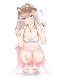 Rule 34 | 1girl, animal hat, bad id, bad twitter id, bikini, black nails, blue eyes, blush, breasts, brown hat, bullet, cleavage, commentary, dog hat, fang, frown, full body, girls und panzer, girls und panzer senshadou daisakusen!, hat, head tilt, highres, itsumi erika, looking at viewer, medium hair, momochi (mmc cmm), nail polish, navel, necktie, open mouth, paw pose, pink sarong, sandals, silver hair, simple background, solo, squatting, swimsuit, symbol-only commentary, toenail polish, toenails, translated, visor cap, white background, white bikini, white footwear