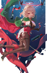 Rule 34 | 1girl, :d, alcohol, azur lane, bad id, bad pixiv id, black footwear, black gloves, blush, bottle, breasts, brown pantyhose, cape, cirilla lin, commentary, cup, drinking glass, duca degli abruzzi (azur lane), elbow gloves, from side, gloves, green cape, hair between eyes, halo, high-waist skirt, highres, long hair, looking at viewer, looking to the side, mechanical arms, medium breasts, necktie, open mouth, pantyhose, pink hair, red eyes, red necktie, red skirt, single mechanical arm, skirt, smile, solo, torn clothes, torn pantyhose, underwater, wine, wine bottle, wine glass