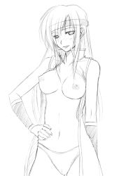 Rule 34 | 1990s (style), 1girl, breasts, faris scherwiz, final fantasy, final fantasy v, greyscale, hand on own hip, ichimedoo, long hair, looking at viewer, monochrome, nipples, no bra, open clothes, open shirt, panties, retro artstyle, shirt, simple background, solo, underwear, white background