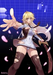 Rule 34 | 1girl, blonde hair, blush, bodysuit, breasts, brown necktie, collared dress, cosplay, dress, green eyes, highres, holding, holding sword, holding weapon, large breasts, long hair, long sleeves, looking at viewer, mibry (phrysm), necktie, nipple slip, nipples, no bra, open mouth, sherry leblanc, sky striker ace - raye, sky striker ace - raye (cosplay), solo, sword, thighhighs, torn bodysuit, torn clothes, two-tone dress, weapon, yu-gi-oh!, yu-gi-oh! 5d&#039;s